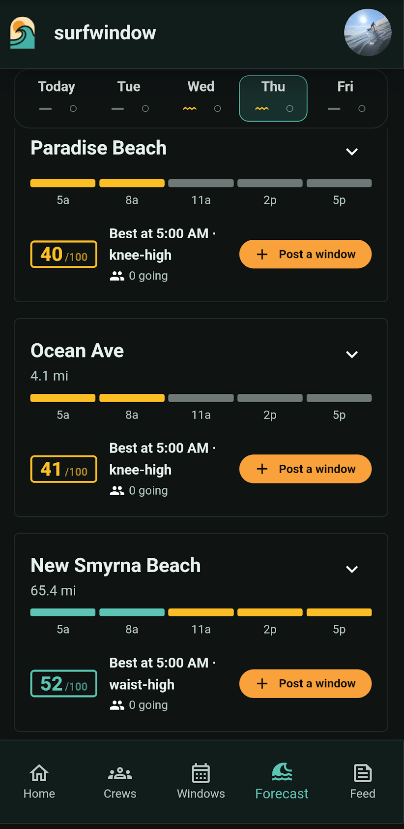 The SurfWindow forecast screen comparing Paradise Beach, Ocean Ave, and New Smyrna Beach side by side, each with an hour-by-hour condition bar, a score out of 100, and its best window