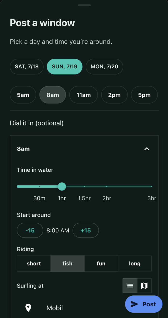 The SurfWindow 'Post a window' sheet, picking Sunday at 8am, with optional detail for time in water, start time, board, and spot