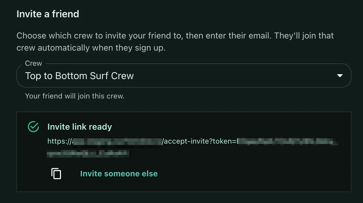 The Invite a friend sheet with a crew selected and an invite link ready to copy and share