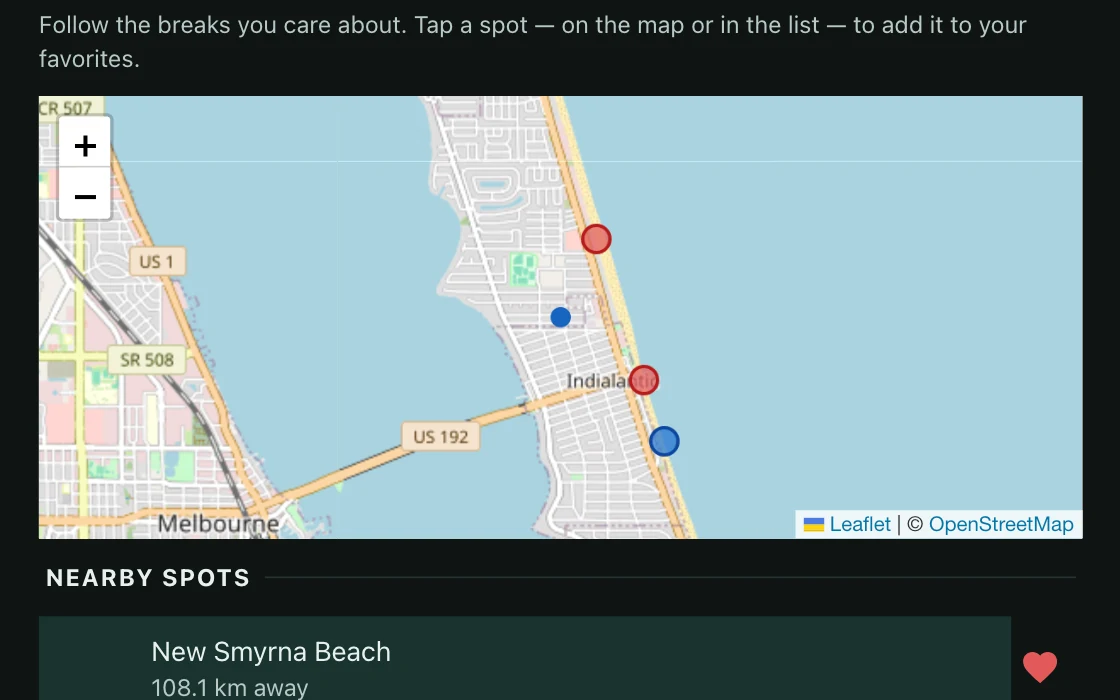 Step two — pick spots — with nearby breaks on a map and a list you can favorite from