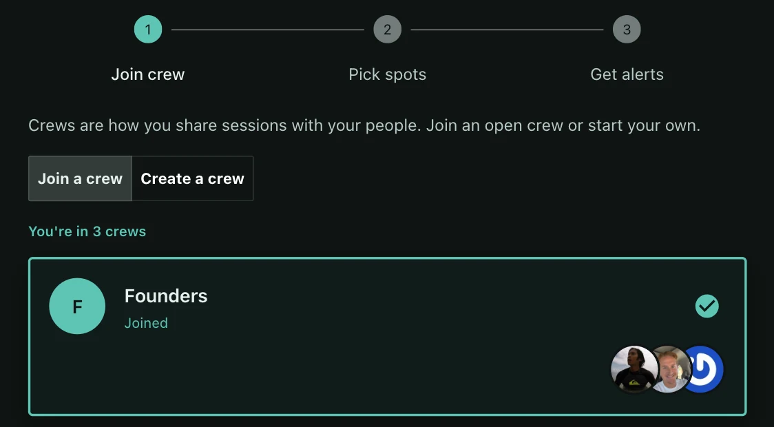 Step one of the onboarding wizard — join a crew — showing the three steps and a crew you can join, with its members' avatars