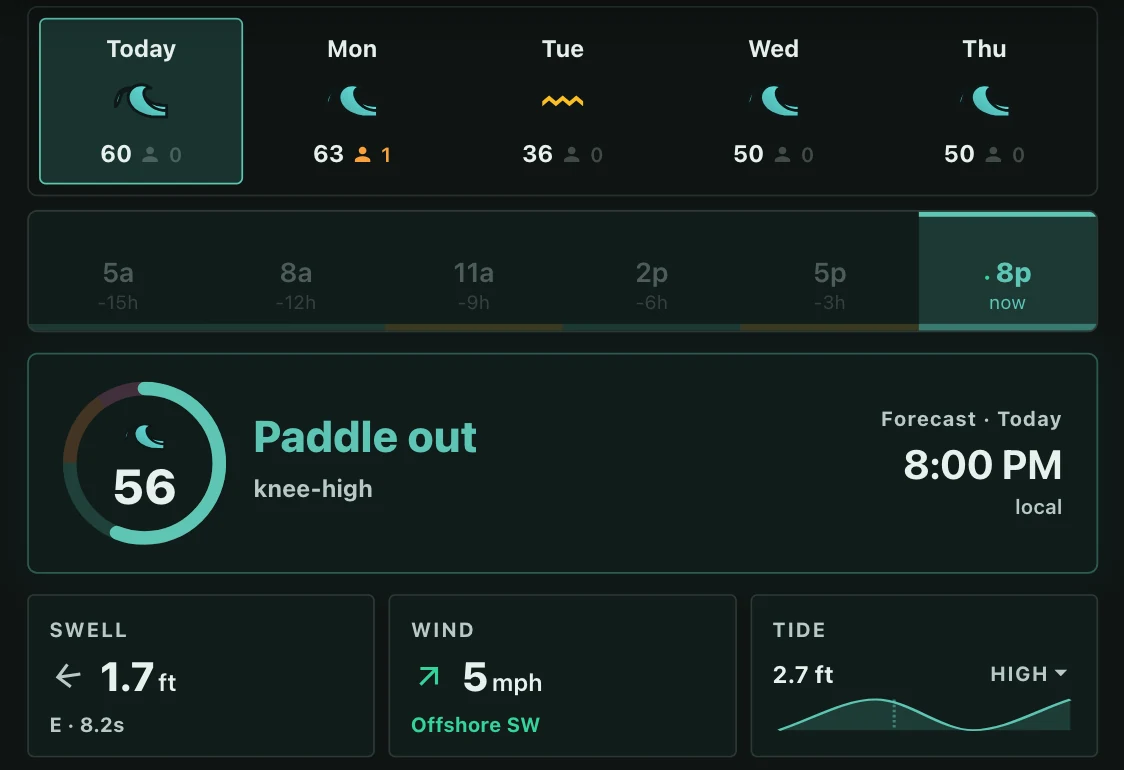 Scrubbing through the day at one spot — "Paddle out", scored 56 at 8:00 PM, with the swell, wind and tide for that moment