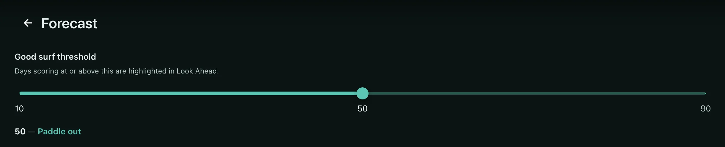 The forecast settings screen with the Good surf threshold slider set to 50, labelled "Paddle out", above the note that days scoring at or above it are highlighted in Look Ahead