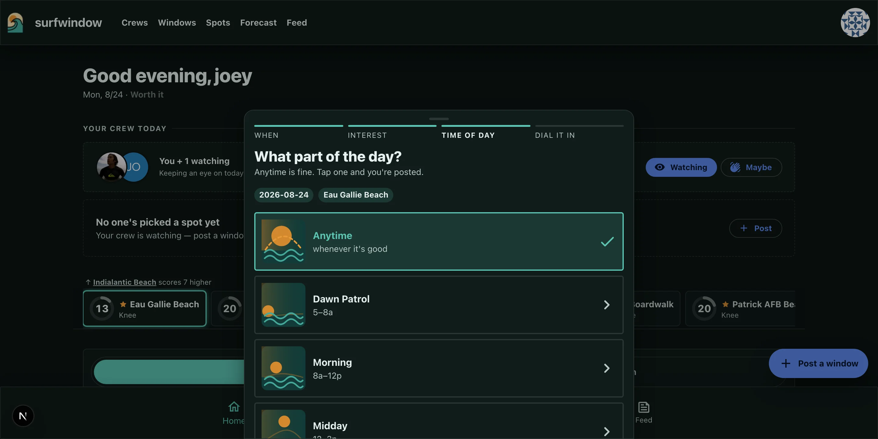 The dark-mode time-of-day step of the planning sheet, ready to choose when a surfer could be down