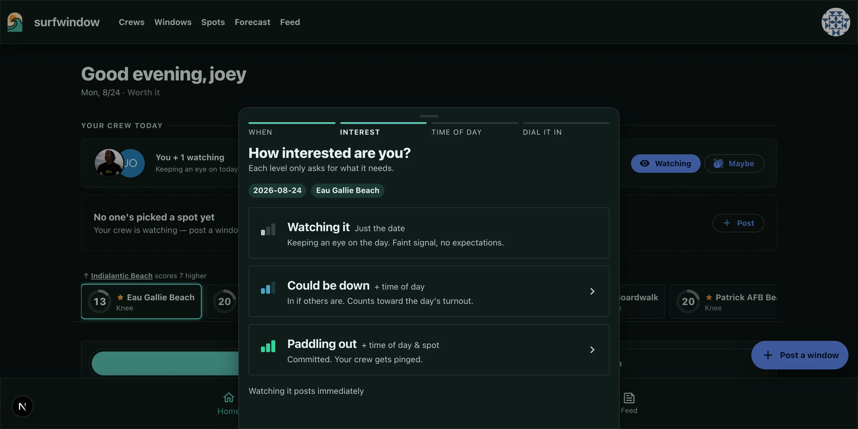 The dark-mode interest step of the planning sheet, offering Watching it, Could be down, and Paddling out levels with the details each level requires