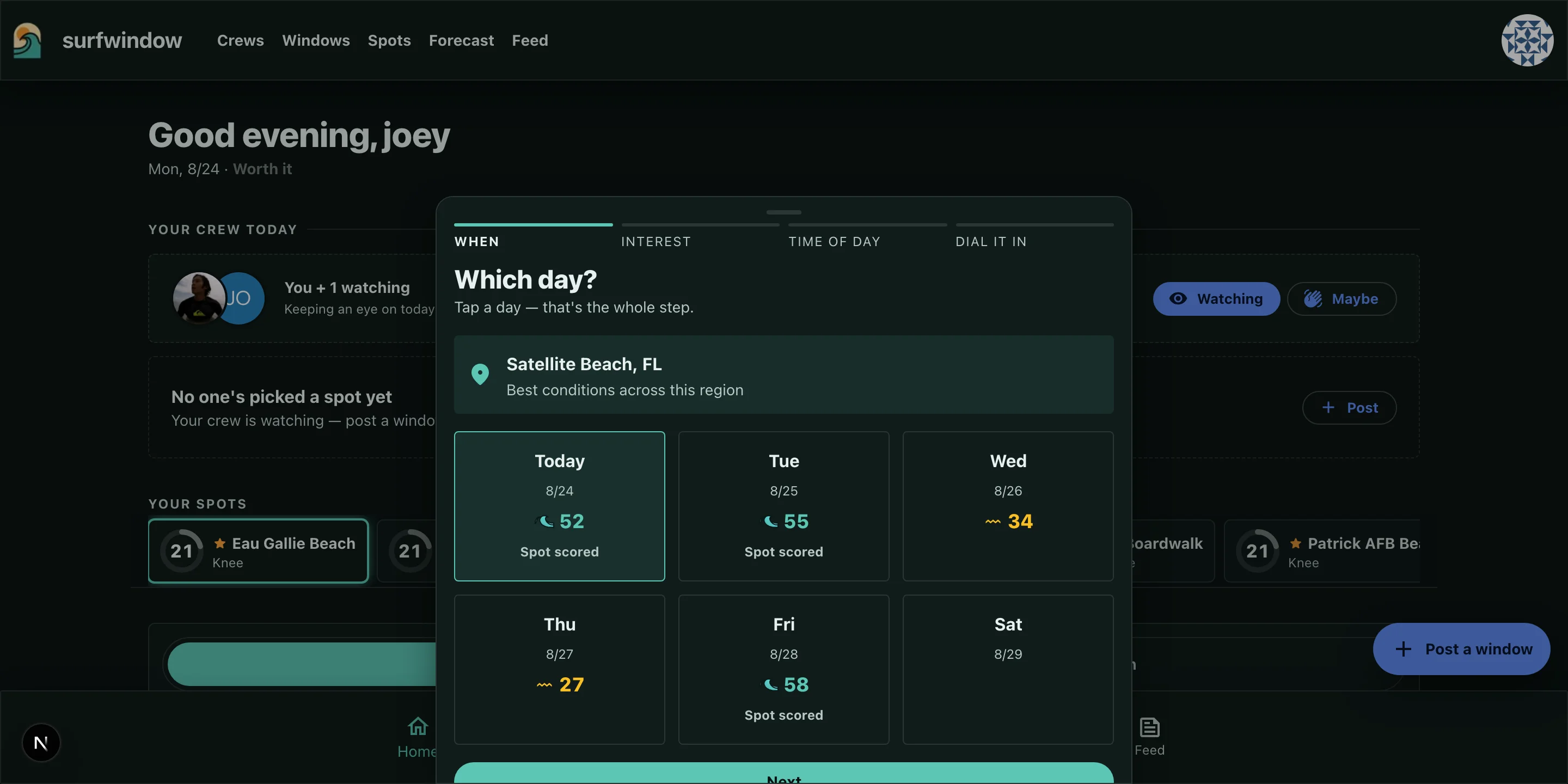 A dark-mode planning sheet with steps for when, interest, time of day, and details, showing six days of forecast scores for Satellite Beach, Florida