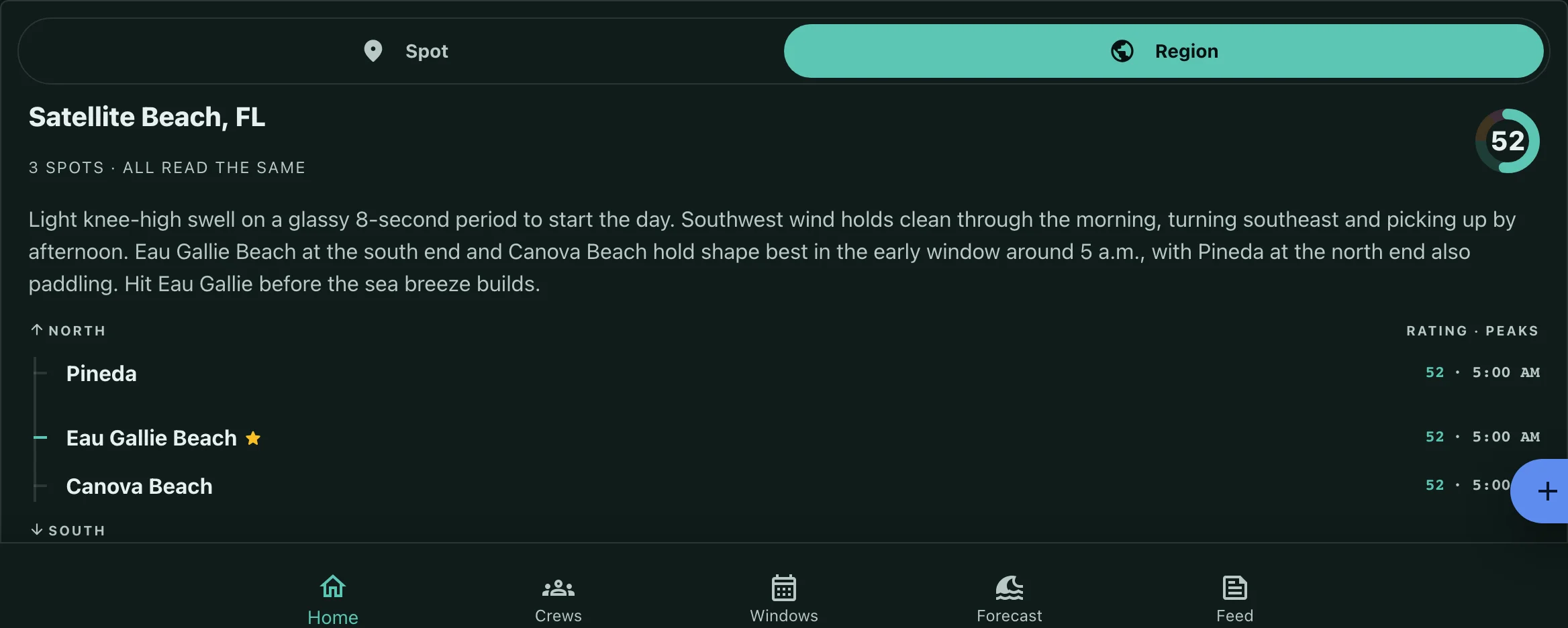 The dark-mode regional call for Satellite Beach, Florida, with a written forecast summary and a north-to-south list of the area's three spots and their ratings