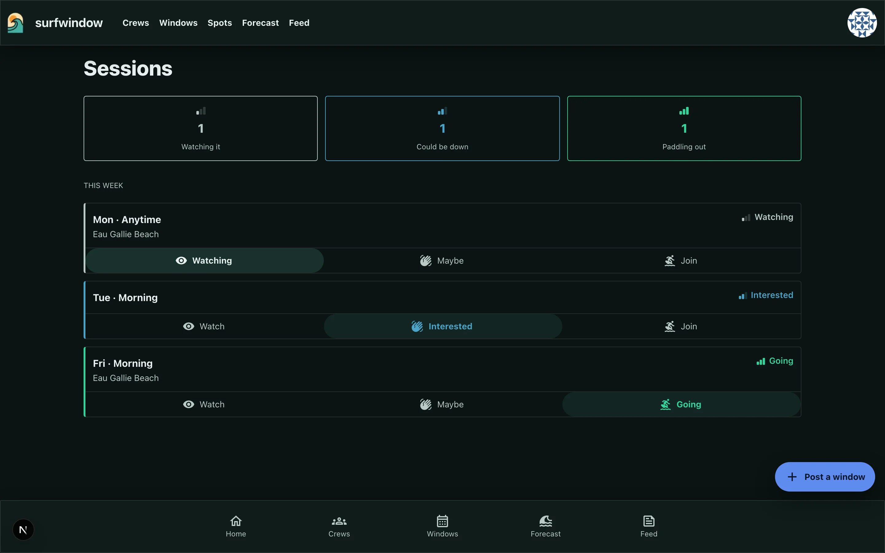 The dark-mode Sessions screen for the signed-in surfer, showing Monday set to Watching, Tuesday set to Interested, and Friday set to Going