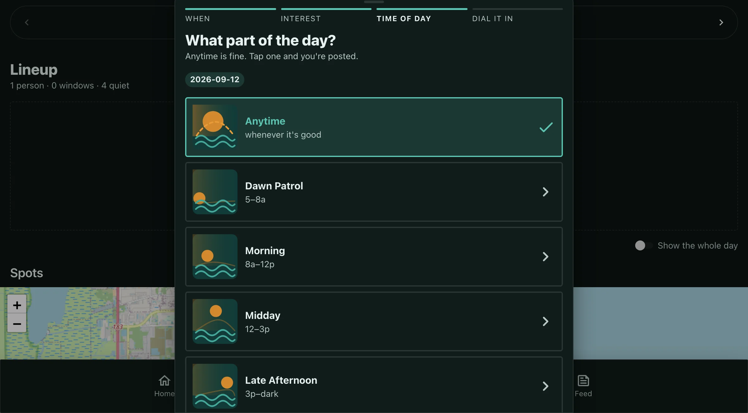 The dark-mode surf window sheet asking what part of the day, with Anytime selected and Dawn Patrol, Morning, Midday and Late Afternoon listed with their hours beneath it