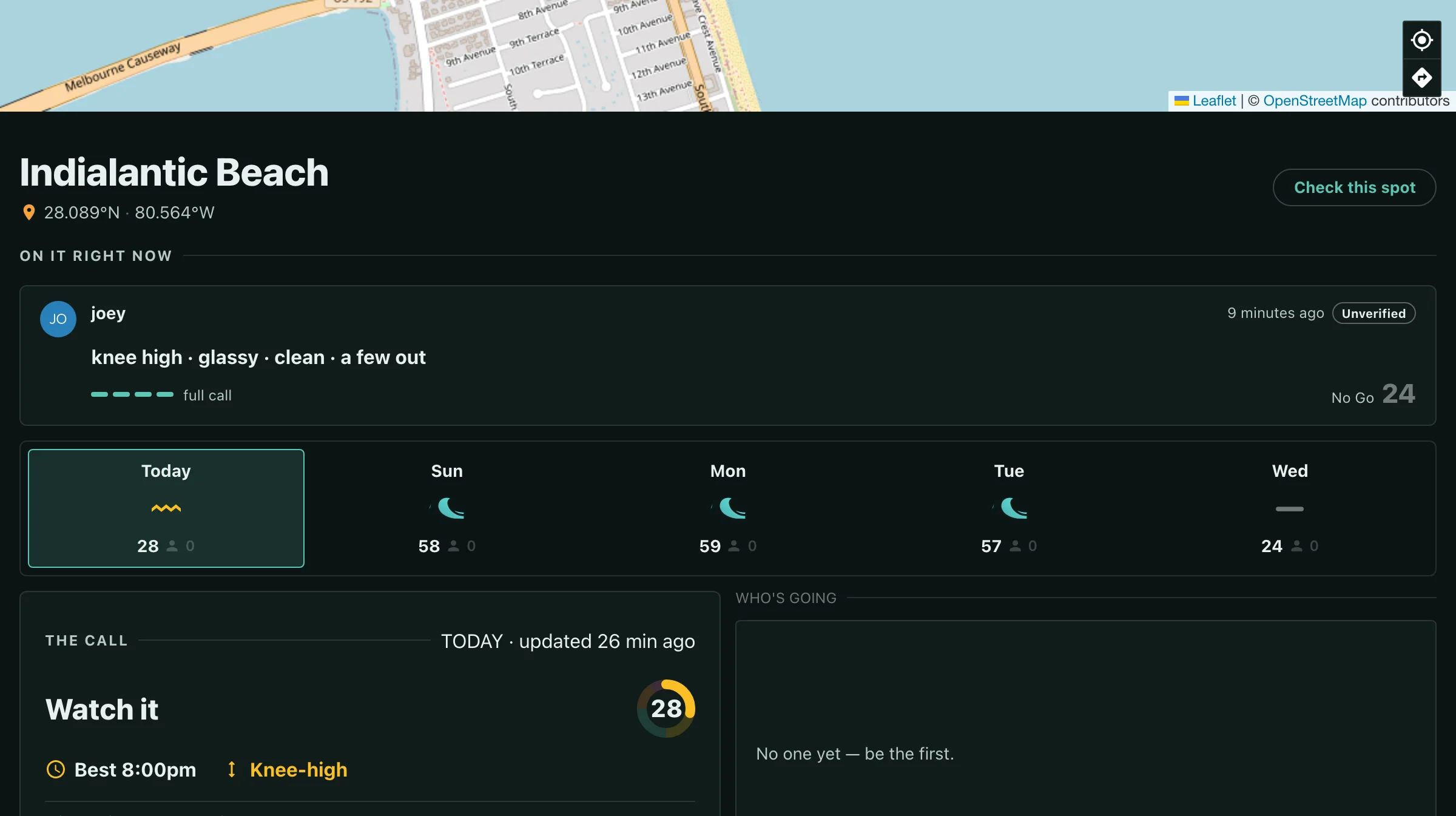 The dark-mode Indialantic Beach page with an On It Right Now strip at the top reading knee high, glassy, clean, a few out, scored 24 by the surfer who posted it, above the model's own call of Watch it at 28