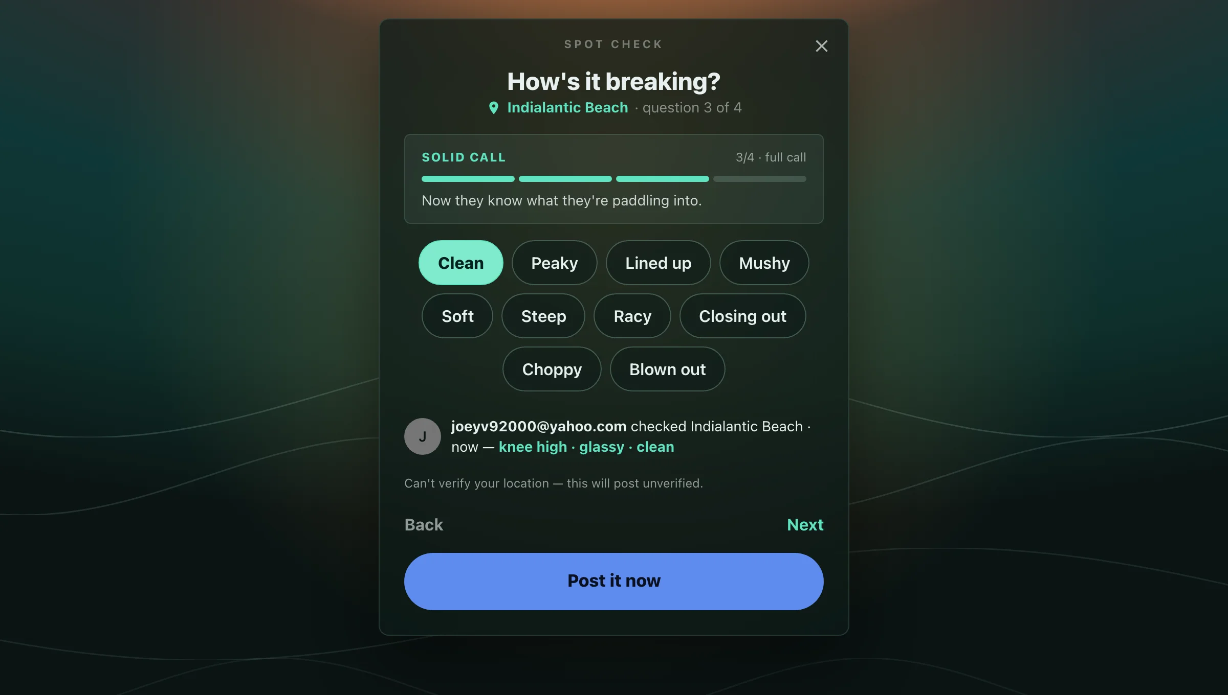 The dark-mode spot check wizard on question 3 of 4, How's it breaking, with Clean selected from a row of shape chips and a meter reading solid call, three of four answered