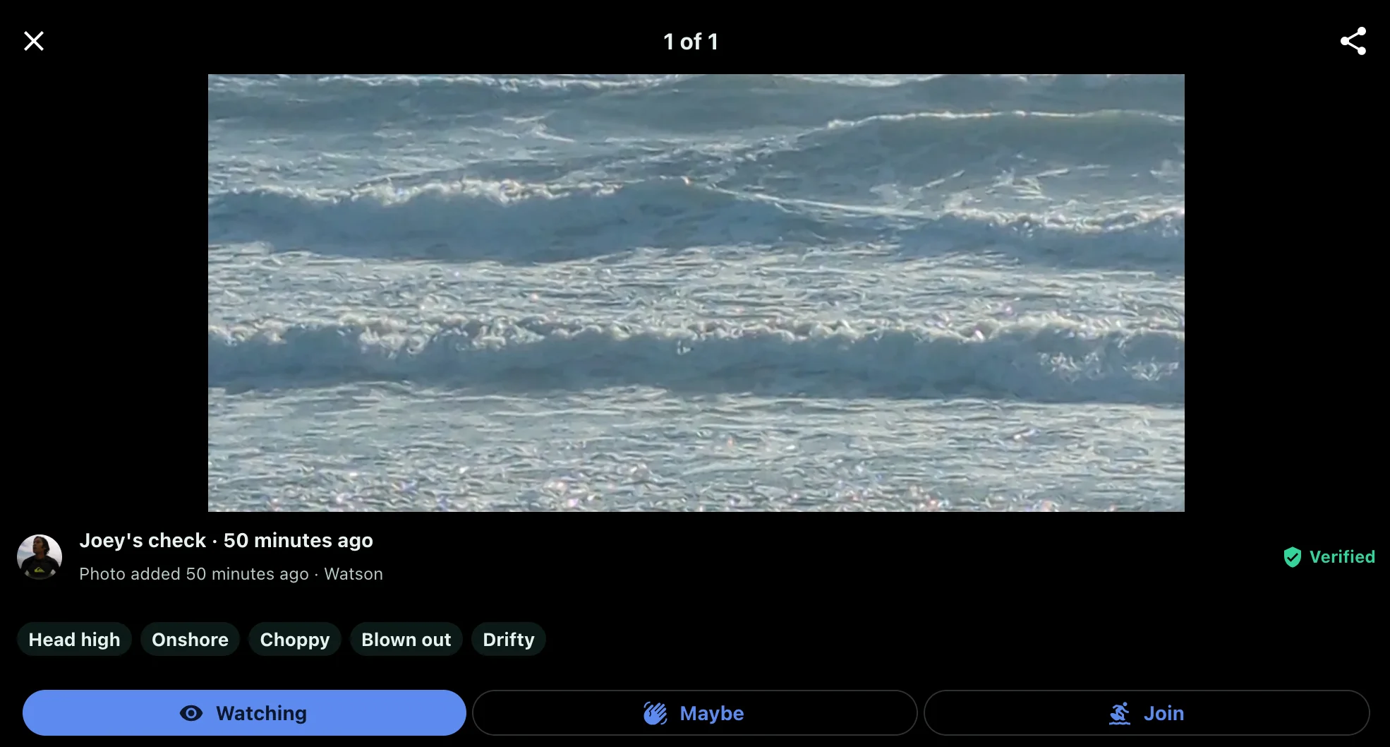 The dark-mode photo viewer showing a wide shot of choppy waves at Watson, labelled Joey's check with a green Verified badge, tagged Head high, Onshore, Choppy, Blown out and Drifty, above Watching, Maybe and Join buttons