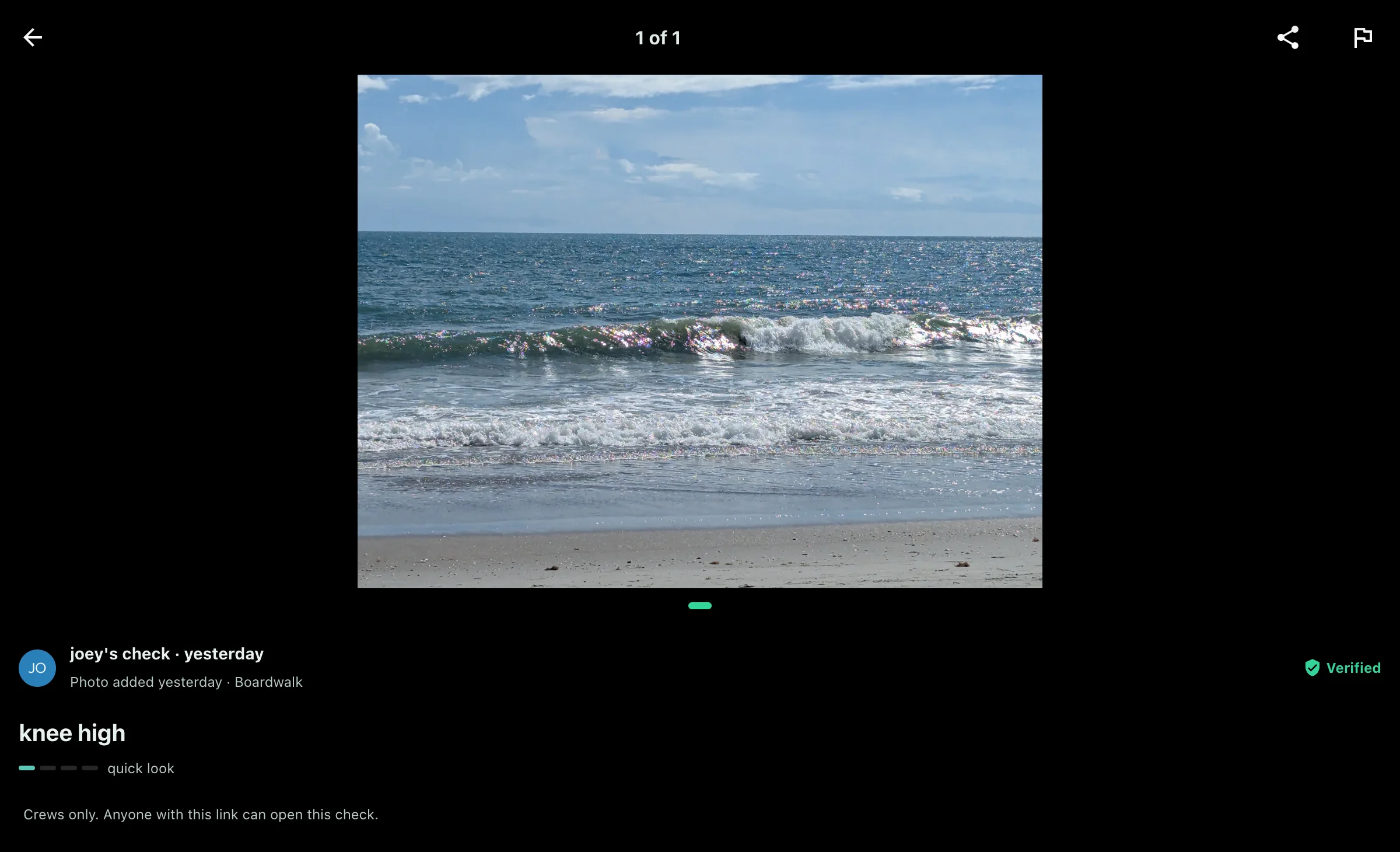The photo viewer showing a crews-only check of small surf breaking at Boardwalk, marked Verified and read as knee high, with the note Crews only. Anyone with this link can open this check.
